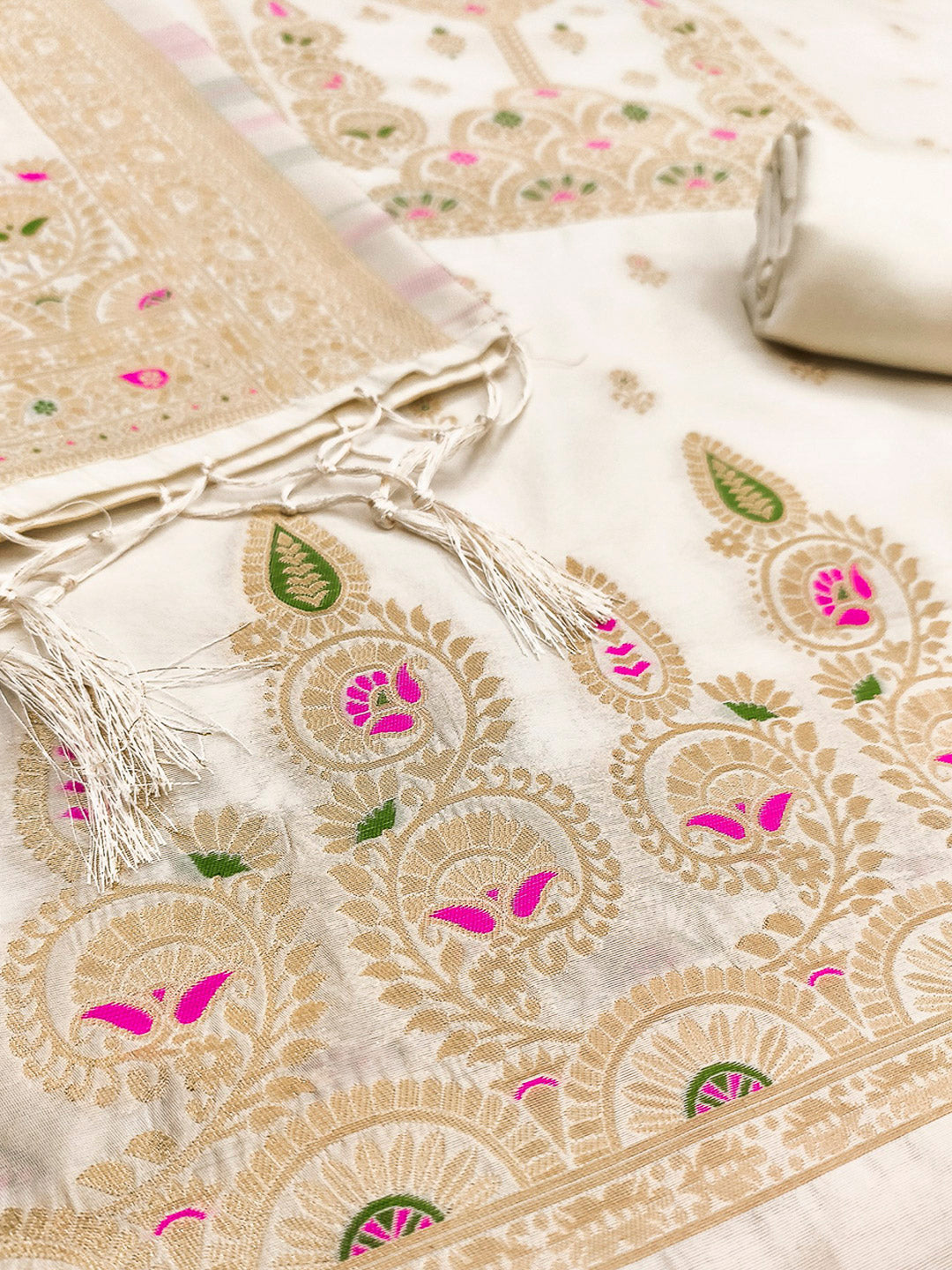 White Pure Soft Banarasi Silk Woven Design Unstitched Dress Material