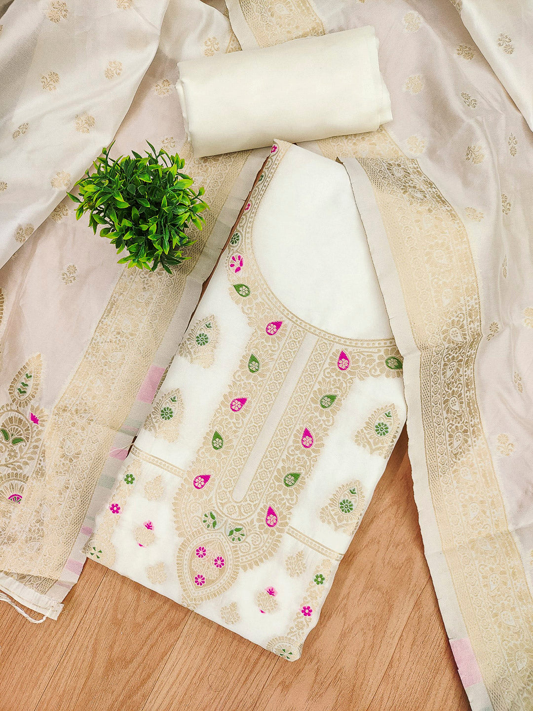 White Pure Soft Banarasi Silk Woven Design Unstitched Dress Material