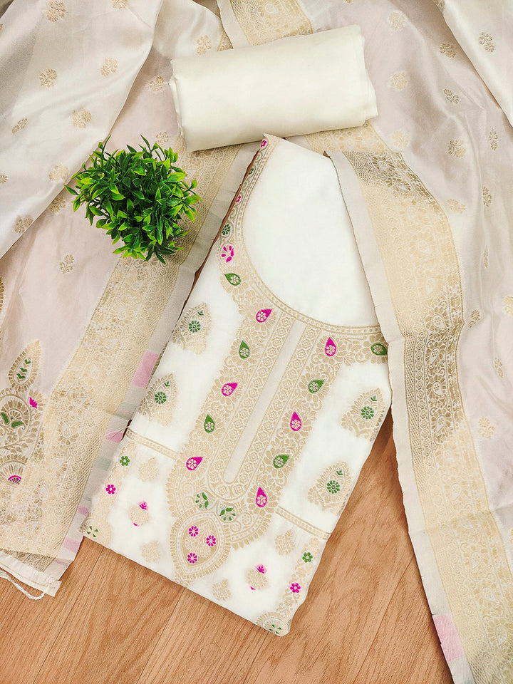 White Pure Soft Banarasi Silk Woven Design Unstitched Dress Material