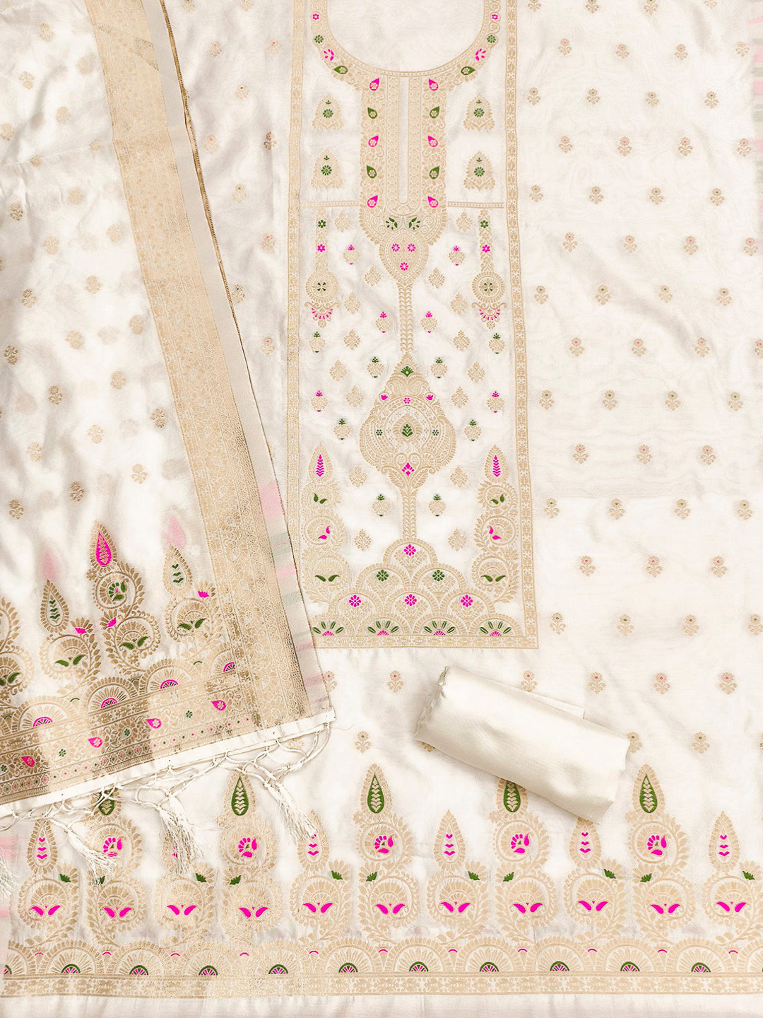 White Pure Soft Banarasi Silk Woven Design Unstitched Dress Material