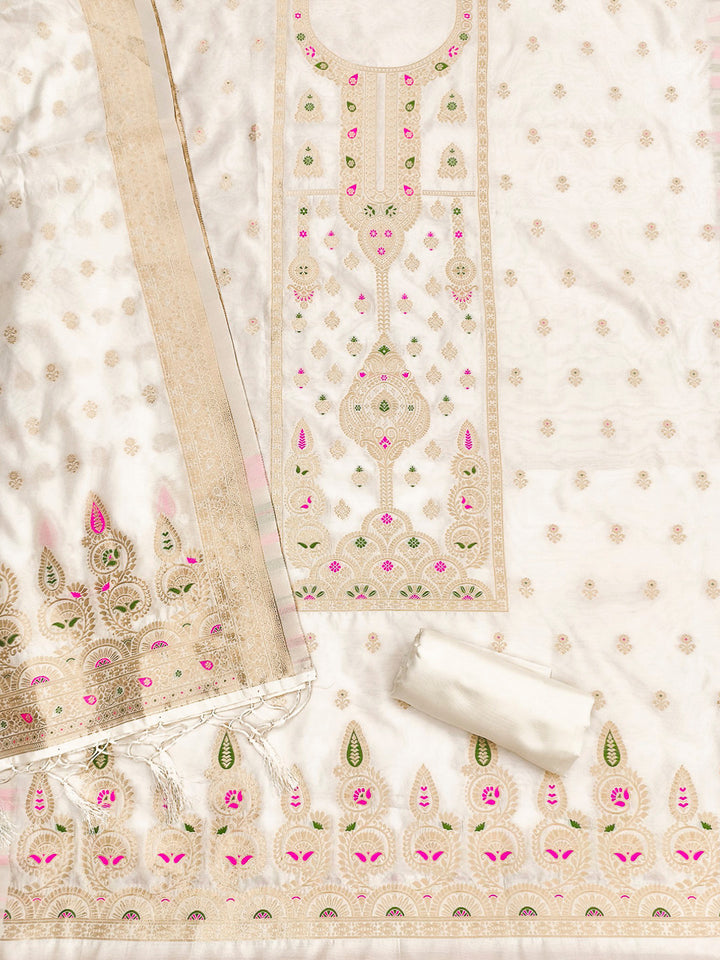 White Pure Soft Banarasi Silk Woven Design Unstitched Dress Material