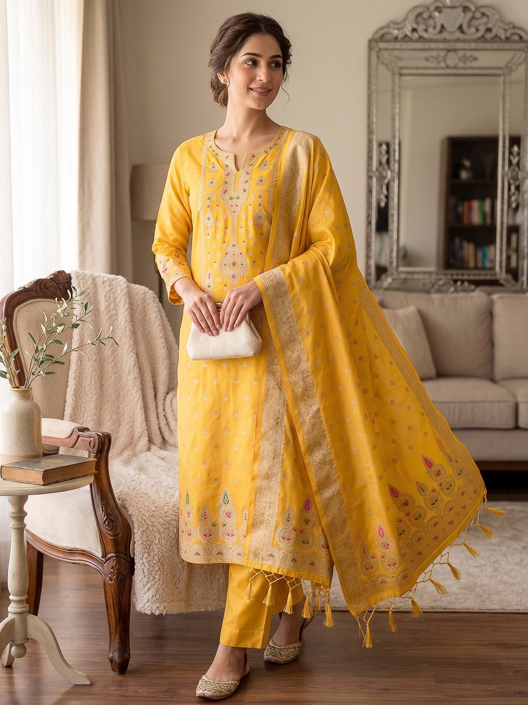 Yellow Pure Soft Banarasi Silk Woven Design Unstitched Dress Material