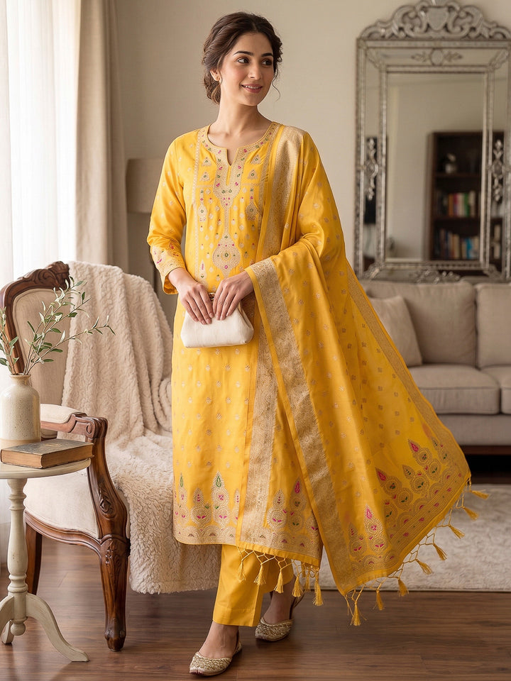Yellow Pure Soft Banarasi Silk Woven Design Unstitched Dress Material