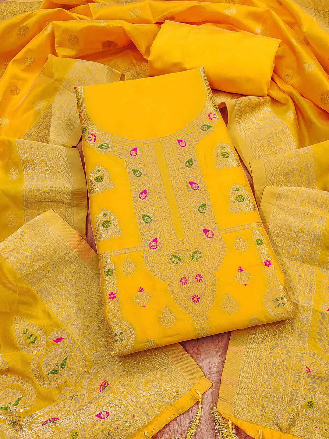 Yellow Pure Soft Banarasi Silk Woven Design Unstitched Dress Material