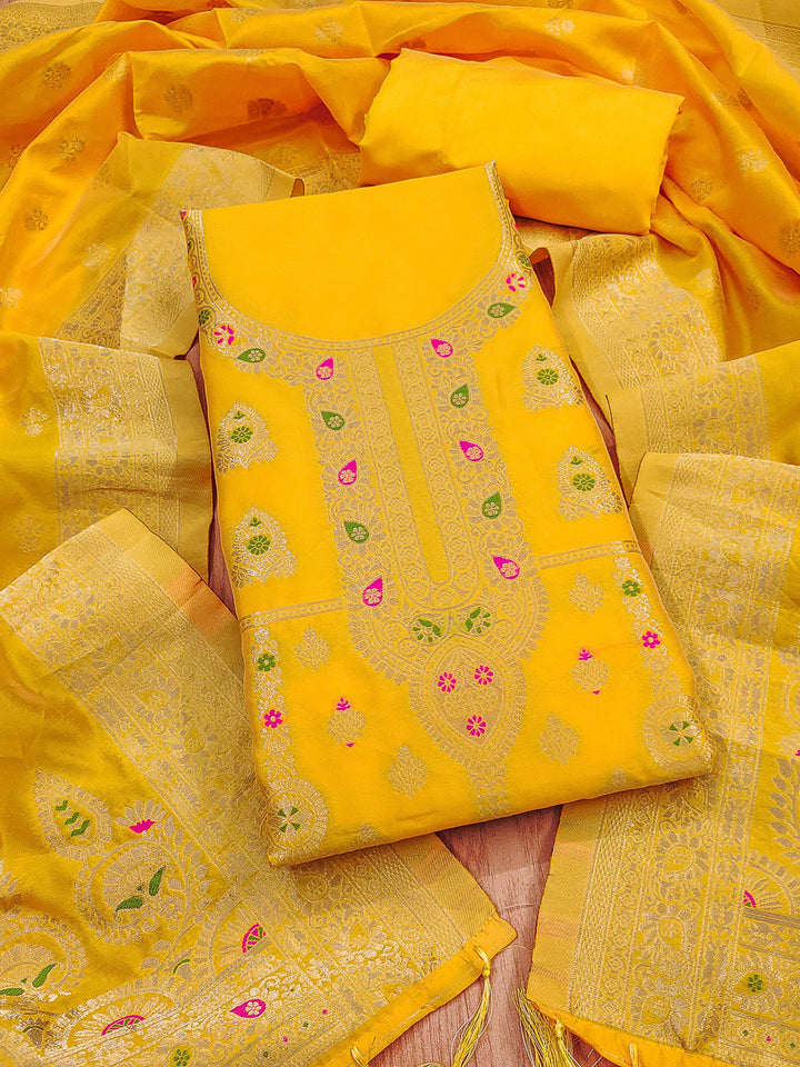 Yellow Pure Soft Banarasi Silk Woven Design Unstitched Dress Material