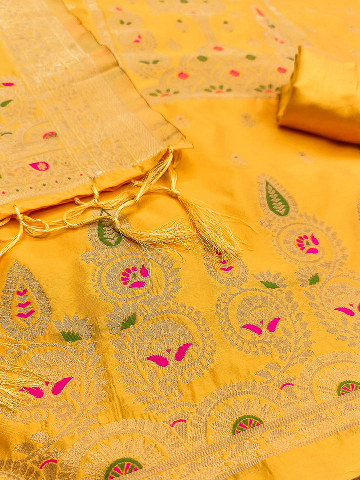 Yellow Pure Soft Banarasi Silk Woven Design Unstitched Dress Material