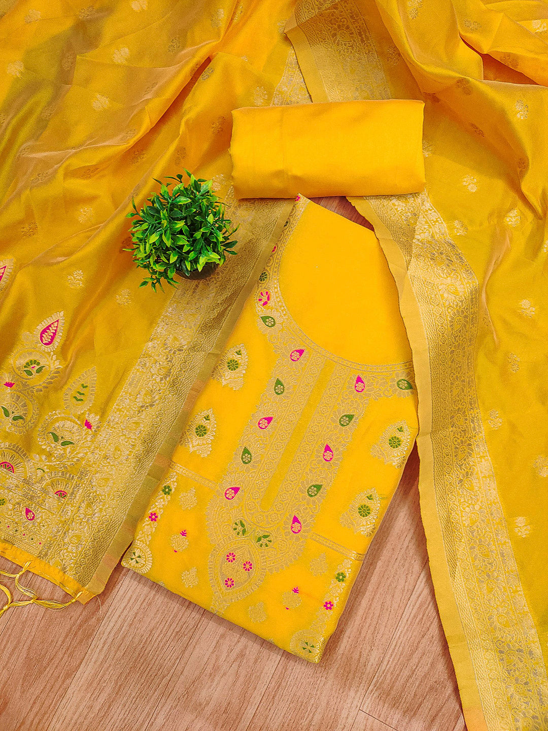 Yellow Pure Soft Banarasi Silk Woven Design Unstitched Dress Material