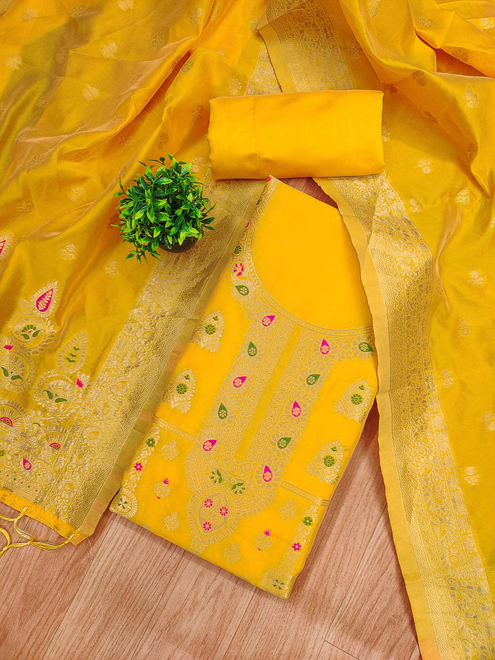 Yellow Pure Soft Banarasi Silk Woven Design Unstitched Dress Material