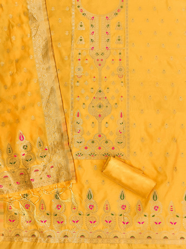 Yellow Pure Soft Banarasi Silk Woven Design Unstitched Dress Material