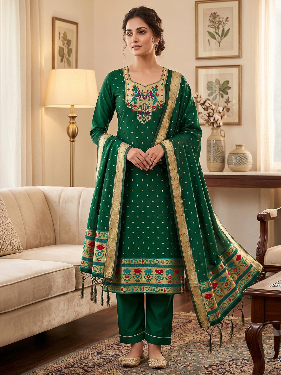 Bottle-Green Pure Soft Banarasi Silk Woven Design Unstitched Dress Material