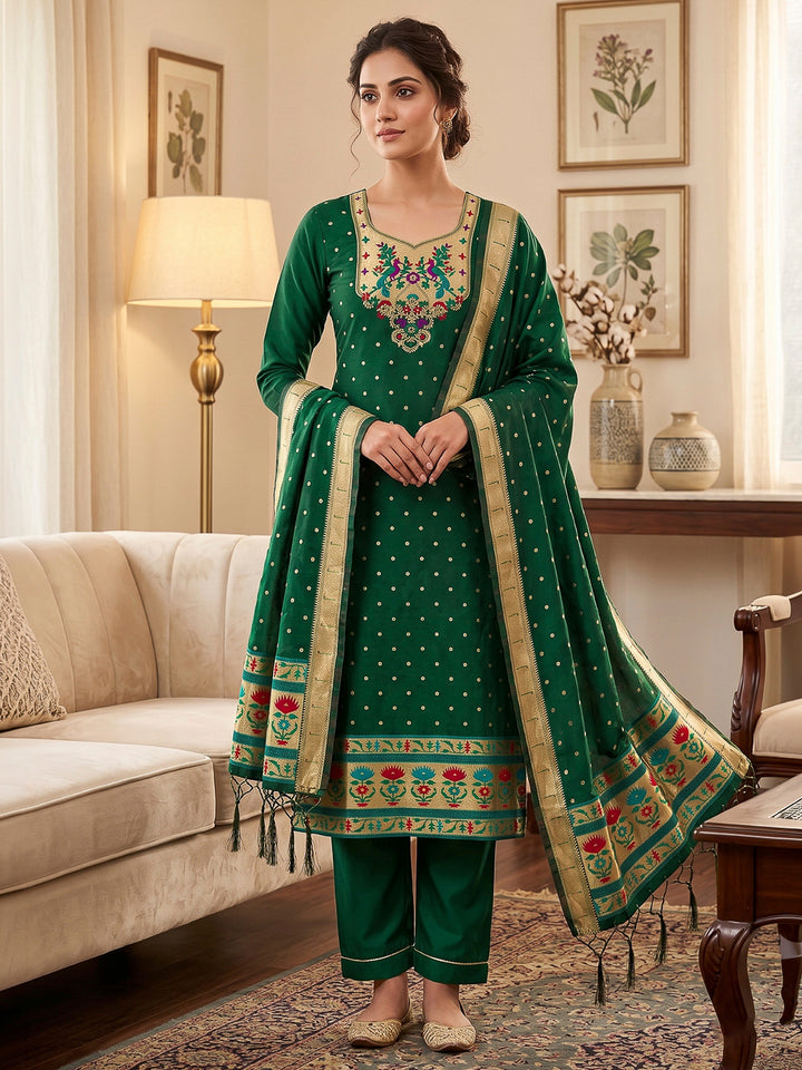 Bottle-Green Pure Soft Banarasi Silk Woven Design Unstitched Dress Material