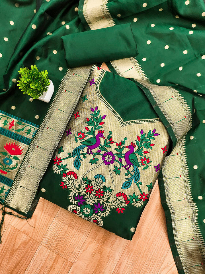 Bottle-Green Pure Soft Banarasi Silk Woven Design Unstitched Dress Material