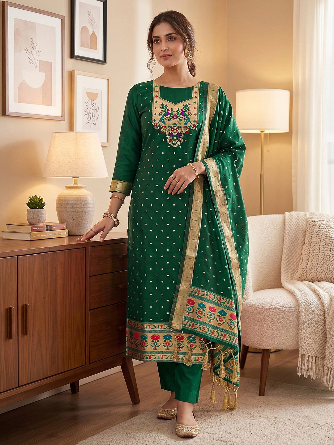 Bottle-Green Pure Soft Banarasi Silk Woven Design Unstitched Dress Material