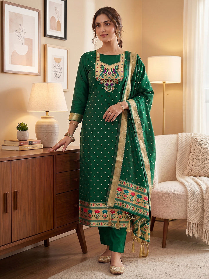 Bottle-Green Pure Soft Banarasi Silk Woven Design Unstitched Dress Material