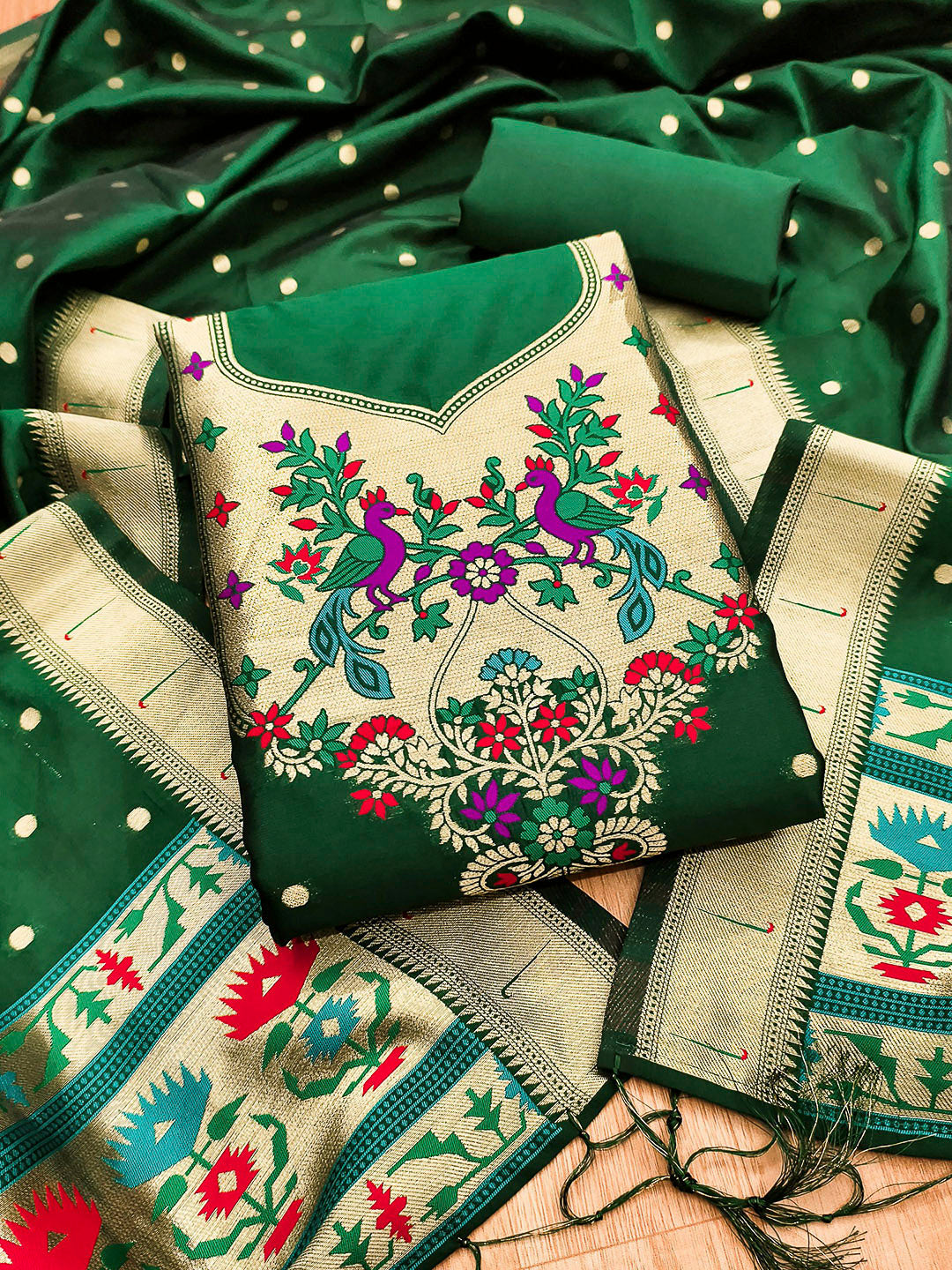 Bottle-Green Pure Soft Banarasi Silk Woven Design Unstitched Dress Material