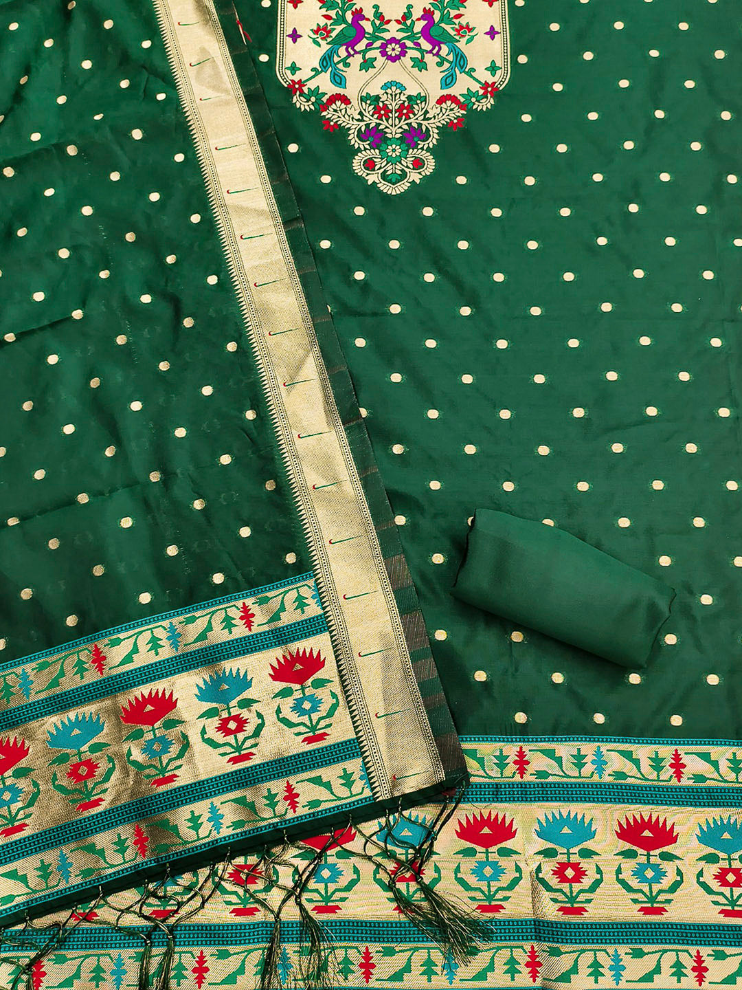 Bottle-Green Pure Soft Banarasi Silk Woven Design Unstitched Dress Material