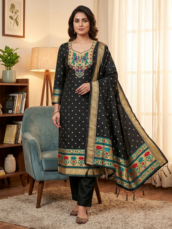 Black Pure Soft Banarasi Silk Woven Design Unstitched Dress Material
