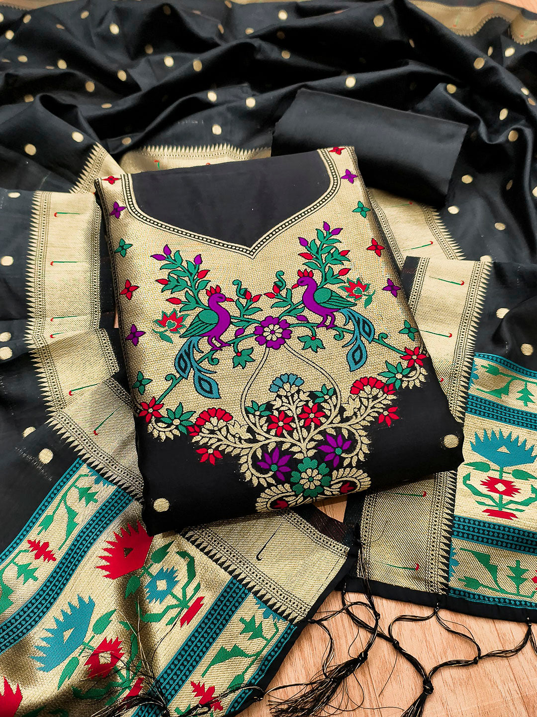 Black Pure Soft Banarasi Silk Woven Design Unstitched Dress Material