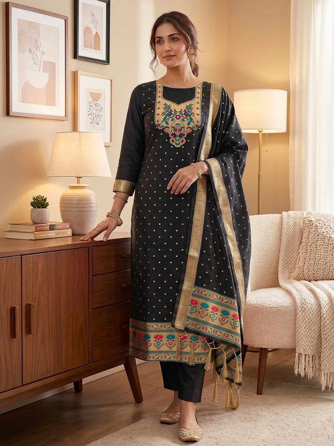 Black Pure Soft Banarasi Silk Woven Design Unstitched Dress Material