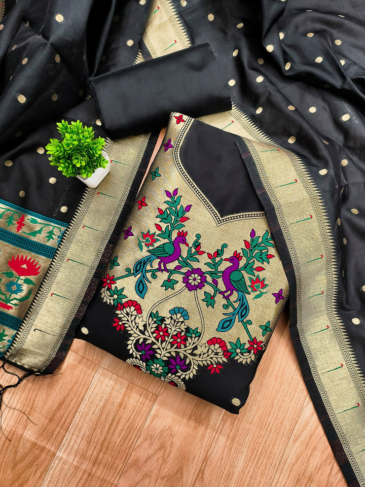 Black Pure Soft Banarasi Silk Woven Design Unstitched Dress Material
