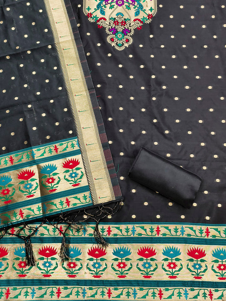 Black Pure Soft Banarasi Silk Woven Design Unstitched Dress Material