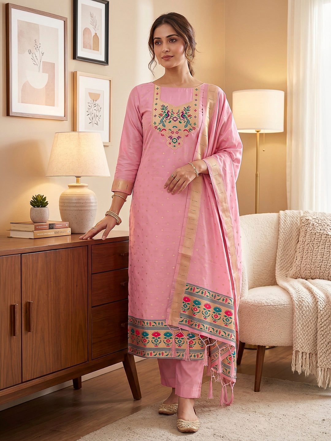 Pink-Lt Pure Soft Banarasi Silk Woven Design Unstitched Dress Material