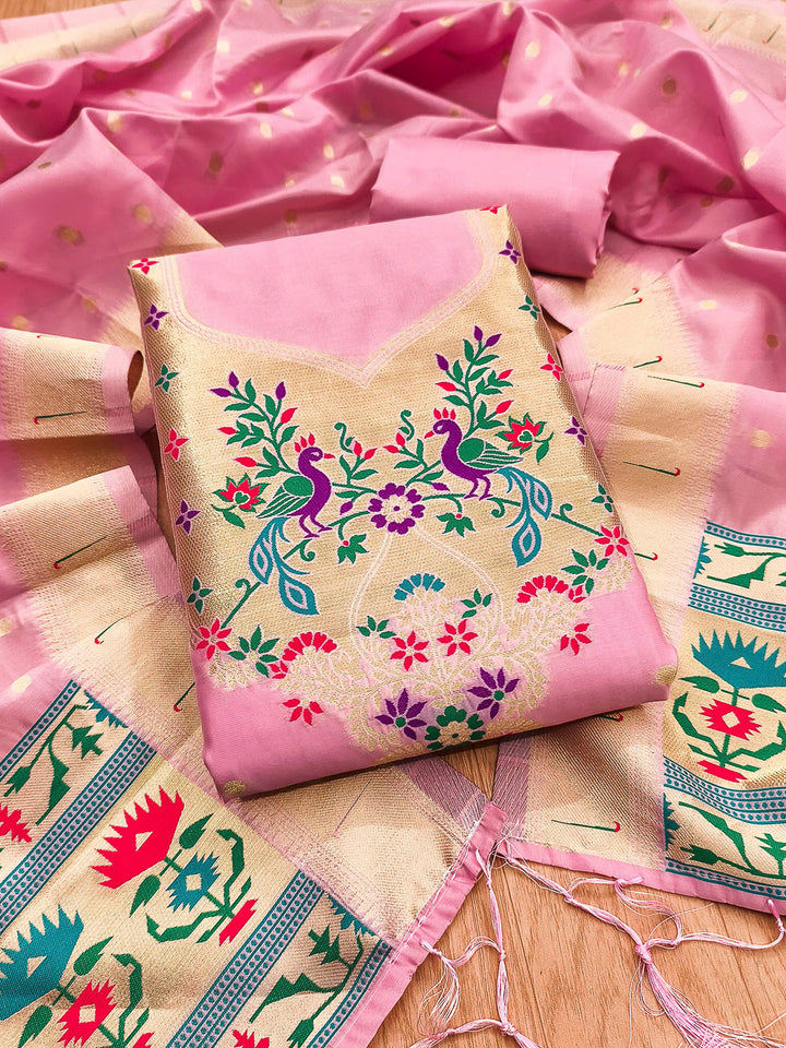Pink-Lt Pure Soft Banarasi Silk Woven Design Unstitched Dress Material