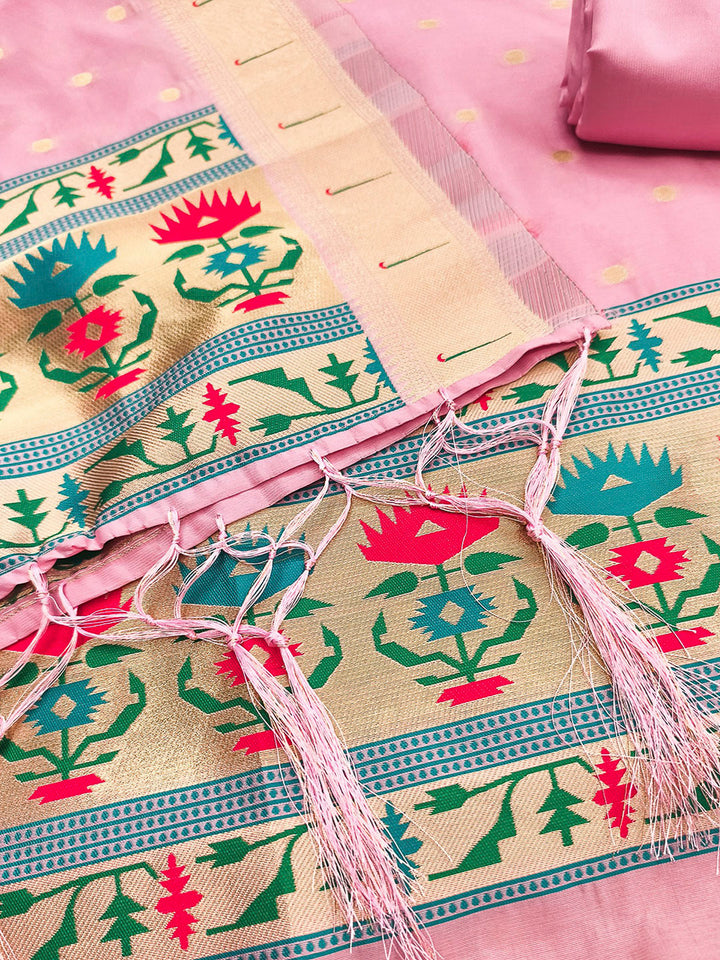 Pink-Lt Pure Soft Banarasi Silk Woven Design Unstitched Dress Material