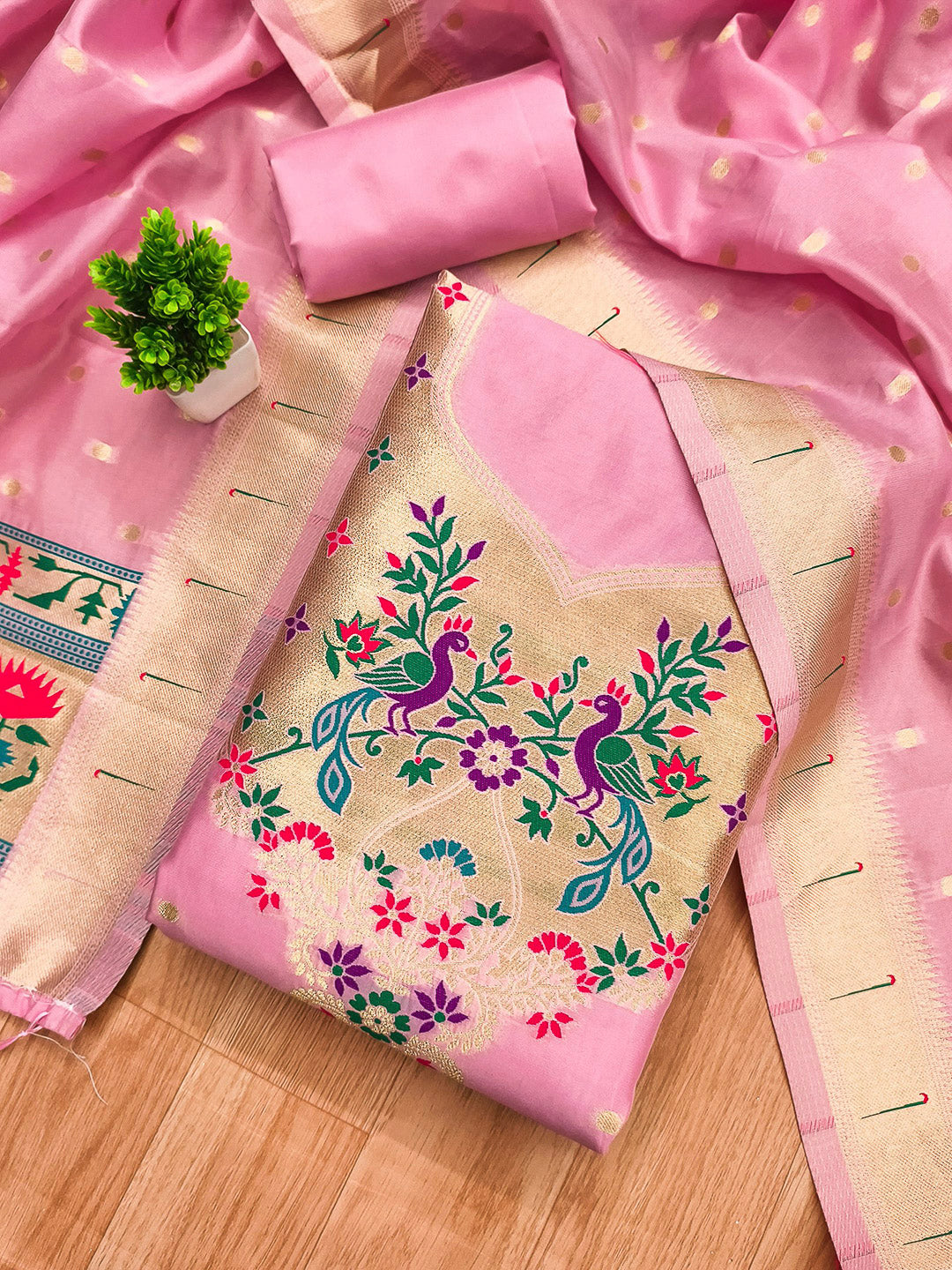 Pink-Lt Pure Soft Banarasi Silk Woven Design Unstitched Dress Material