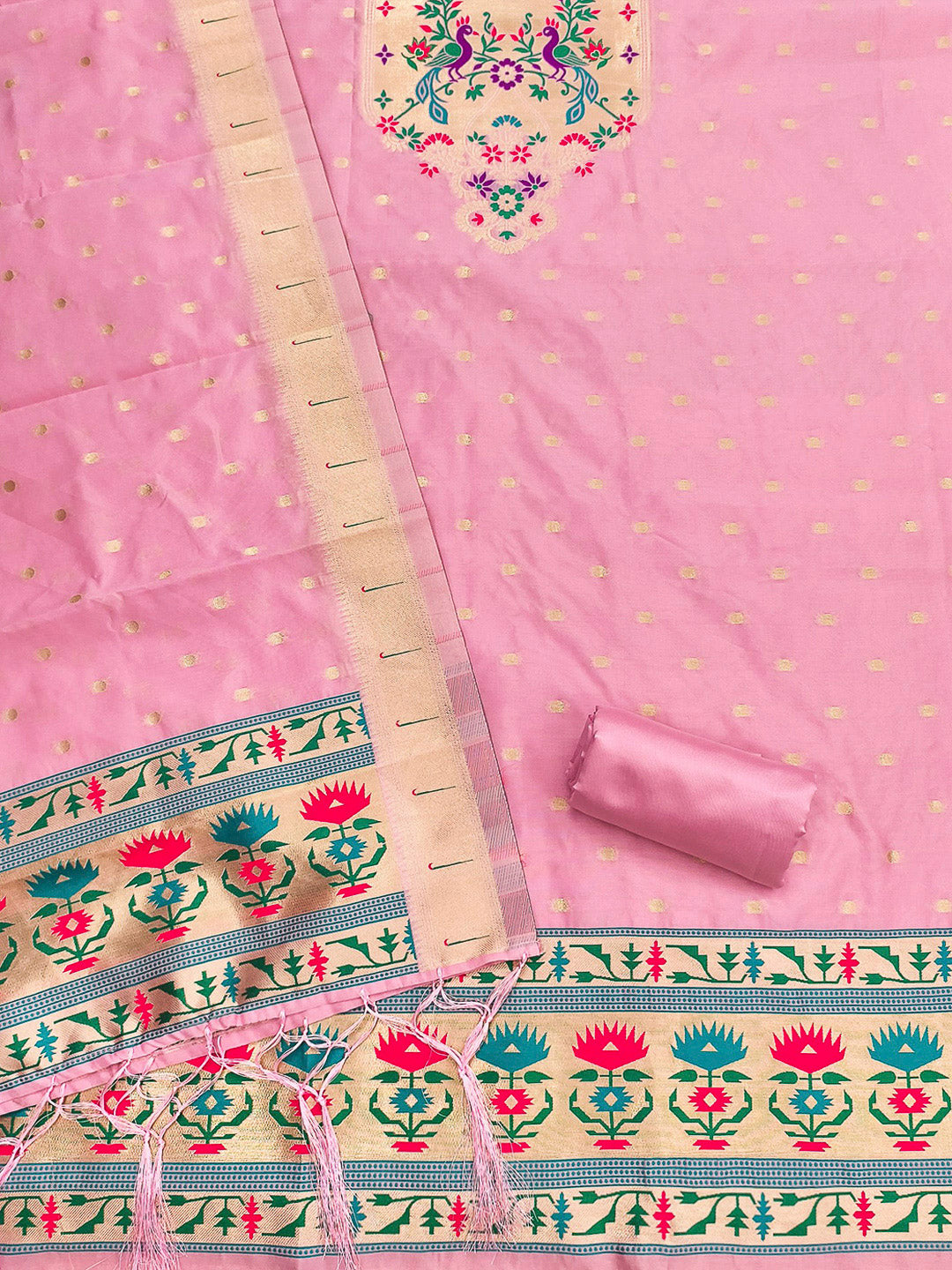 Pink-Lt Pure Soft Banarasi Silk Woven Design Unstitched Dress Material