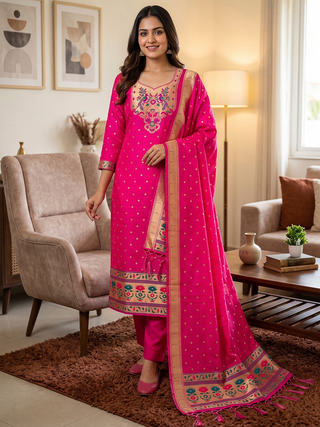 Pink Pure Soft Banarasi Silk Woven Design Unstitched Dress Material