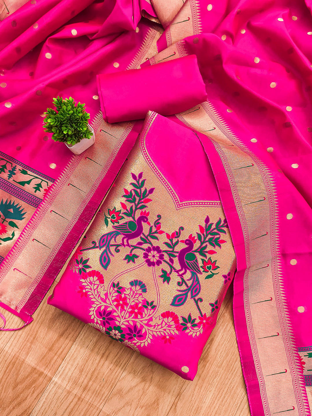 Pink Pure Soft Banarasi Silk Woven Design Unstitched Dress Material
