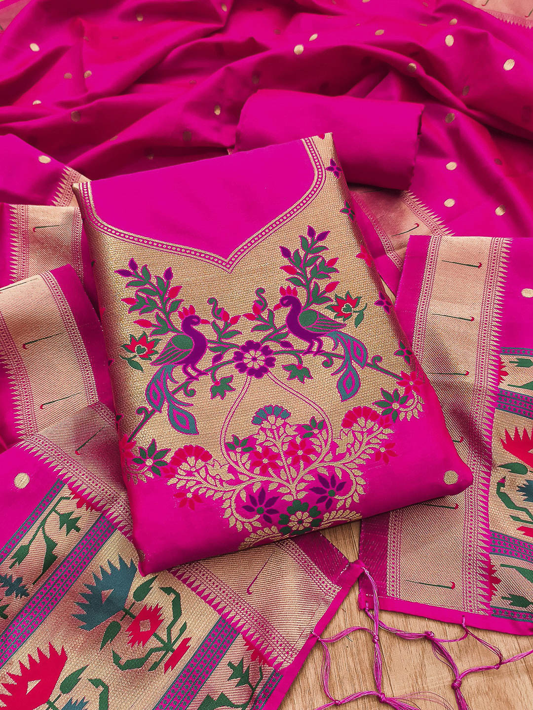 Pink Pure Soft Banarasi Silk Woven Design Unstitched Dress Material