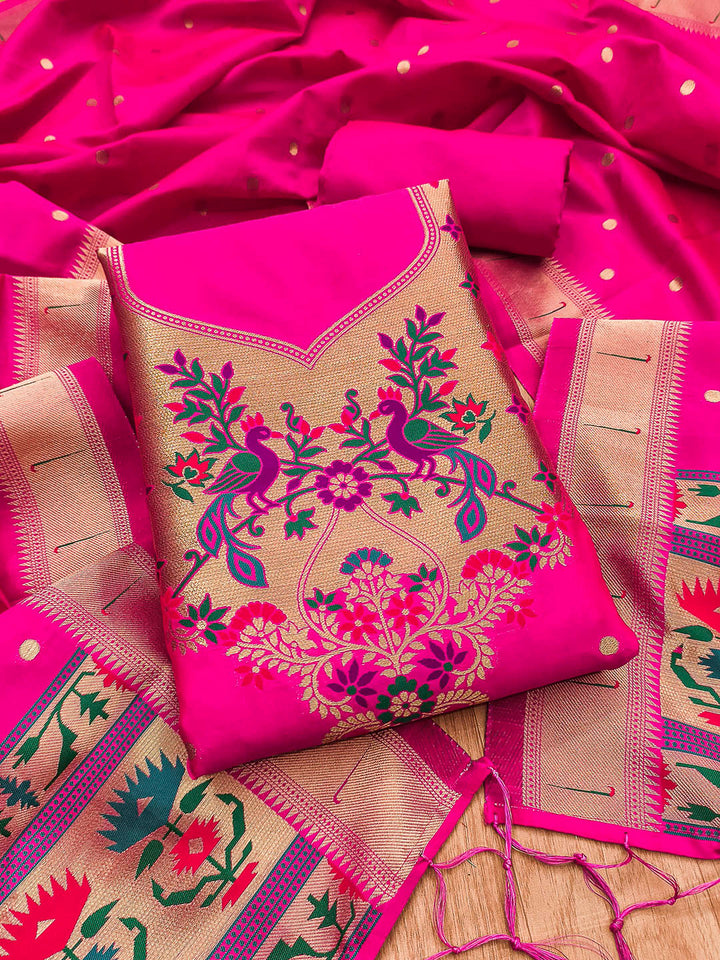 Pink Pure Soft Banarasi Silk Woven Design Unstitched Dress Material