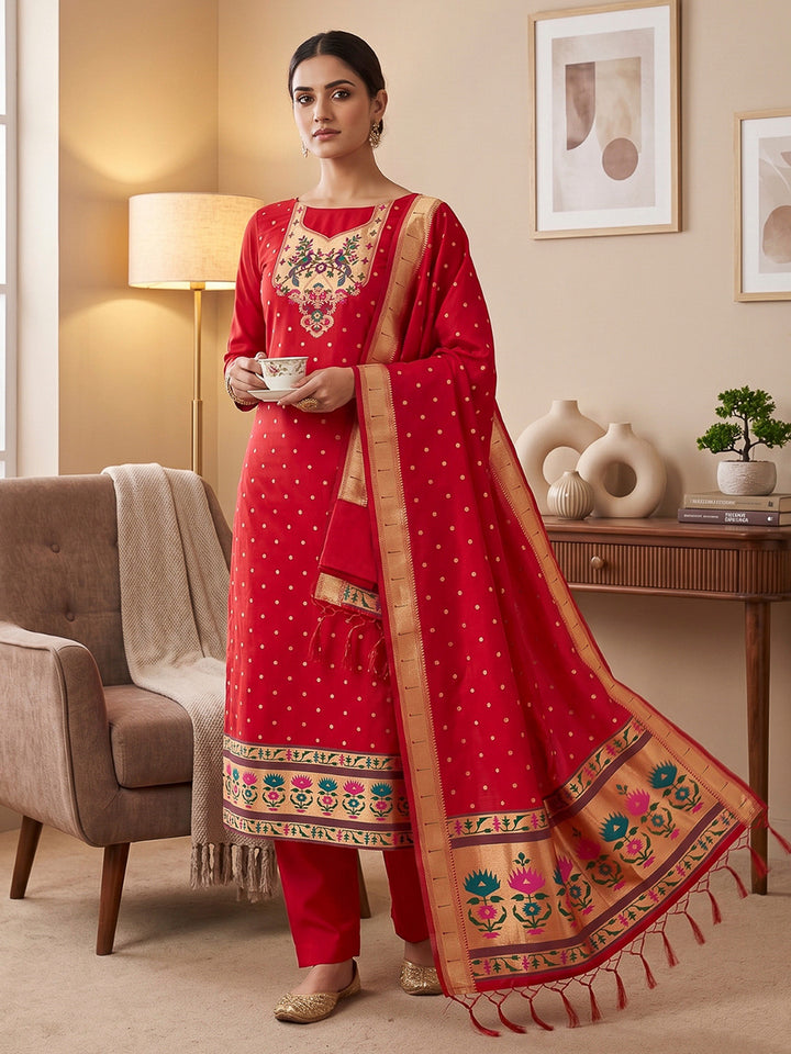 Red Pure Soft Banarasi Silk Woven Design Unstitched Dress Material