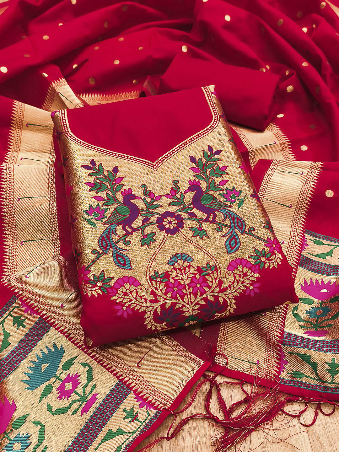 Red Pure Soft Banarasi Silk Woven Design Unstitched Dress Material