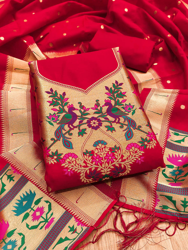 Red Pure Soft Banarasi Silk Woven Design Unstitched Dress Material
