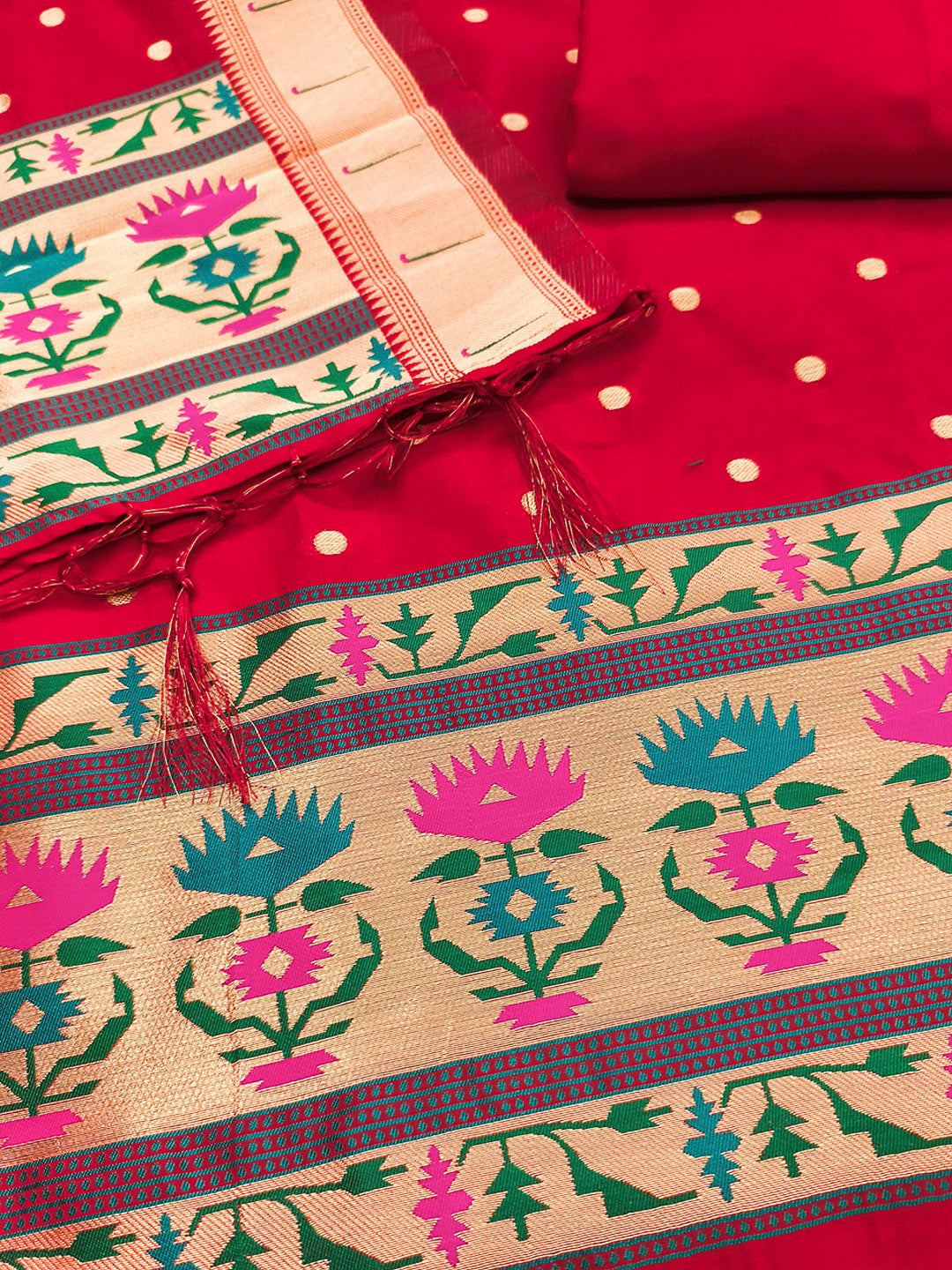 Red Pure Soft Banarasi Silk Woven Design Unstitched Dress Material