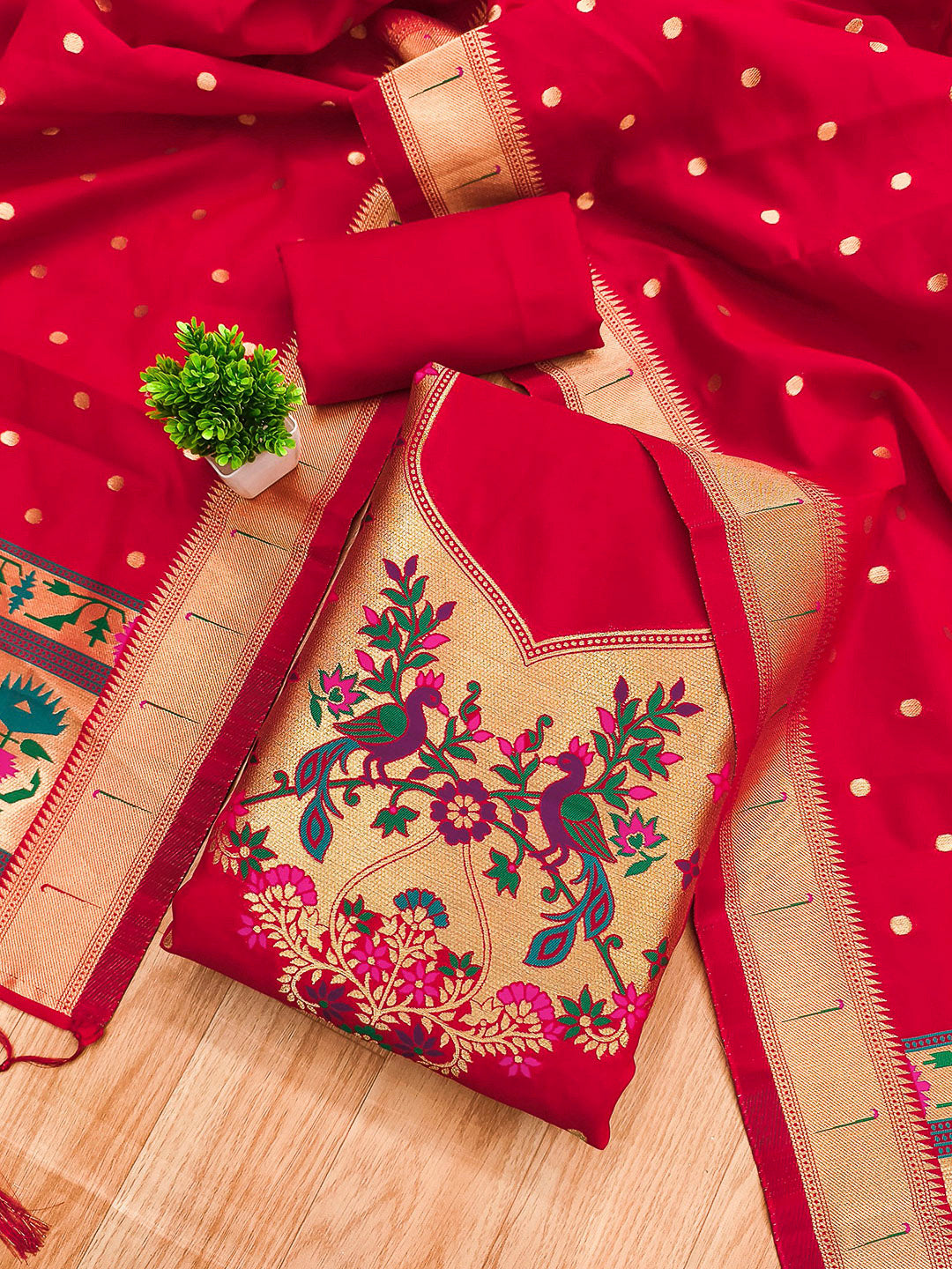 Red Pure Soft Banarasi Silk Woven Design Unstitched Dress Material