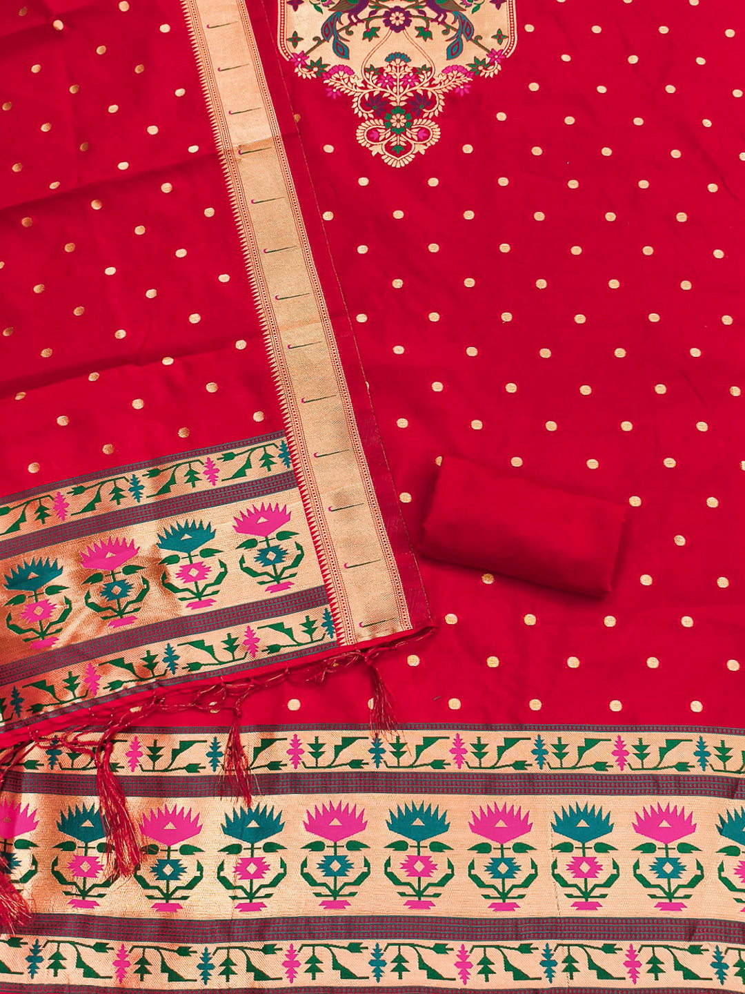 Red Pure Soft Banarasi Silk Woven Design Unstitched Dress Material