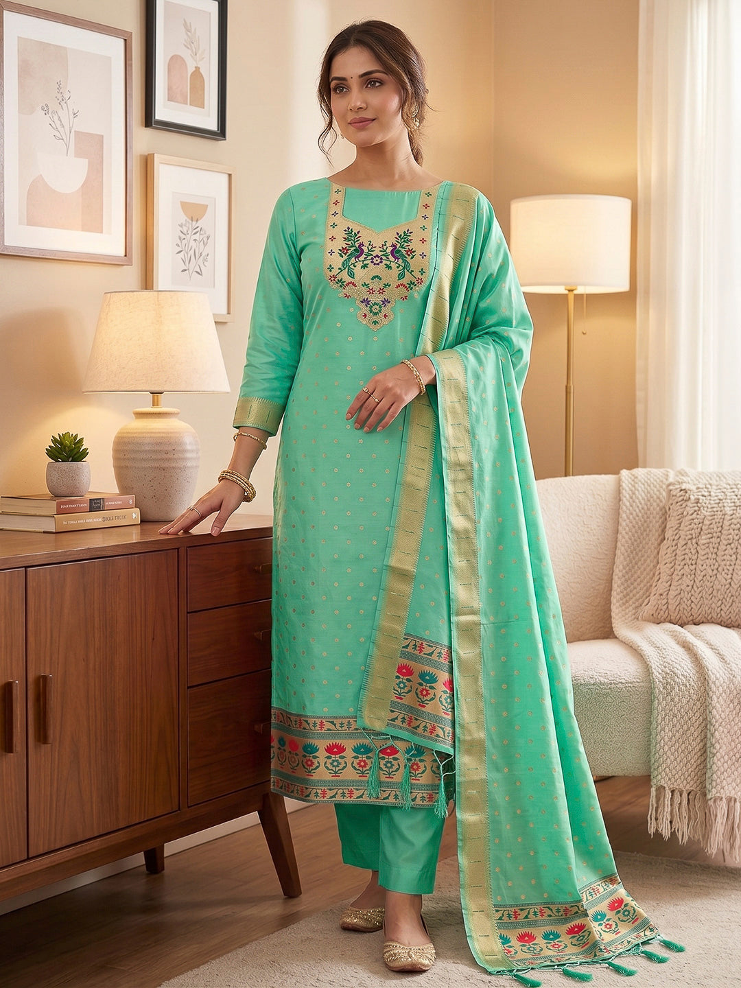 Sea-Green Pure Soft Banarasi Silk Woven Design Unstitched Dress Material