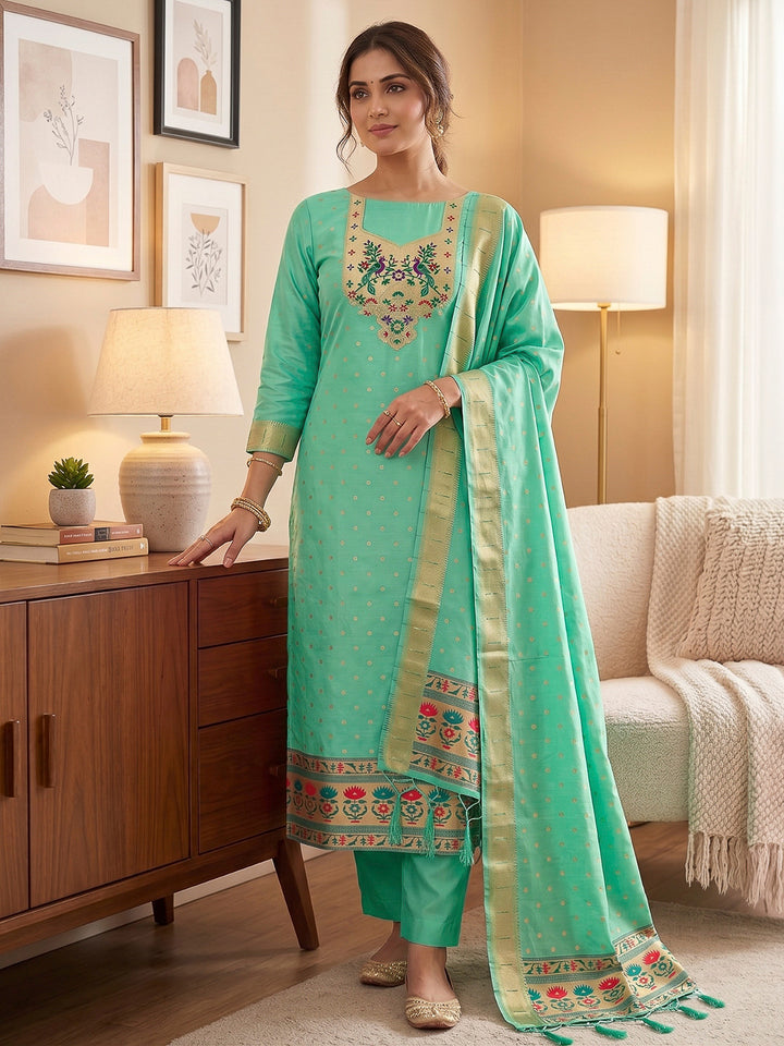 Sea-Green Pure Soft Banarasi Silk Woven Design Unstitched Dress Material
