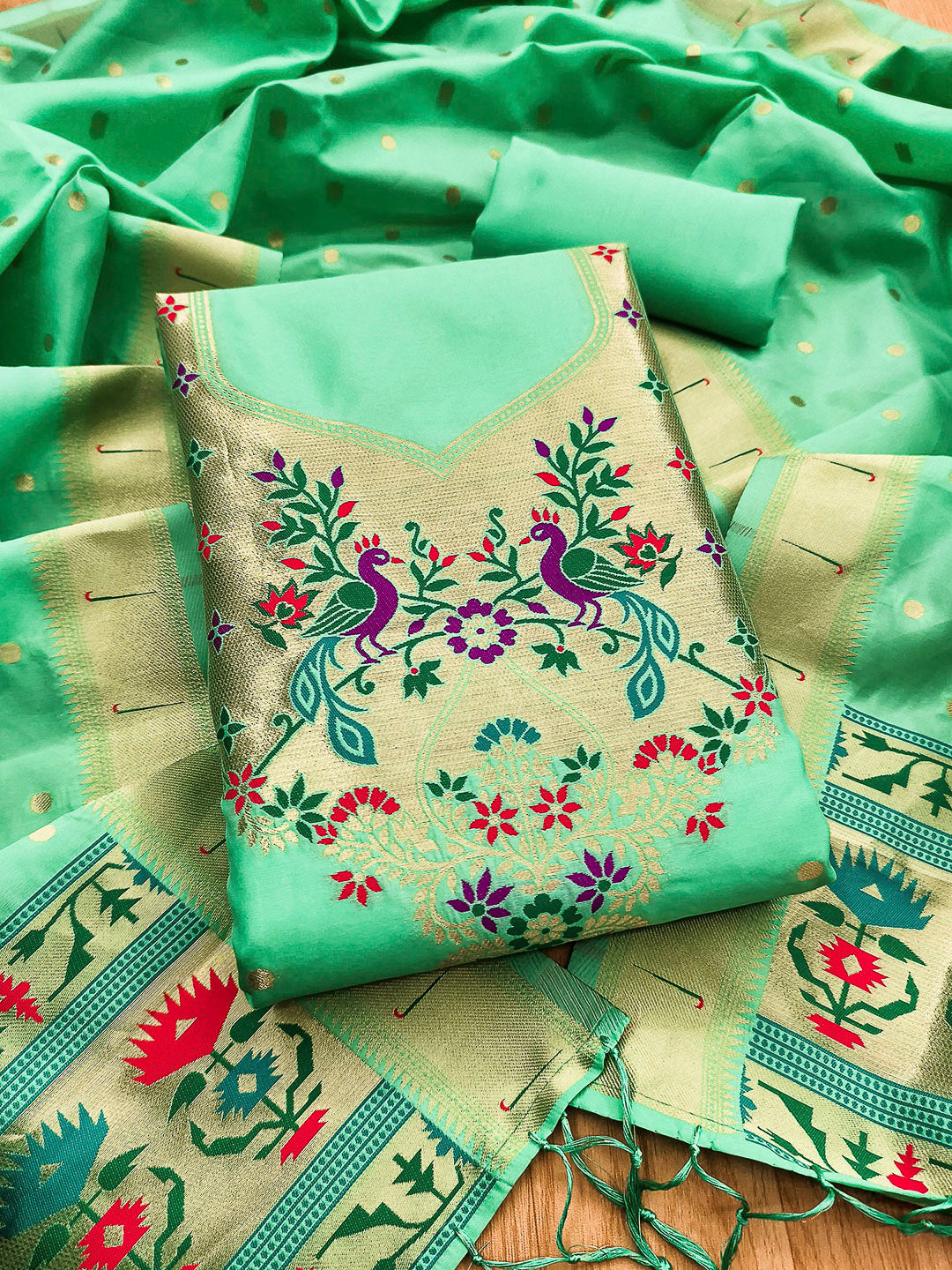 Sea-Green Pure Soft Banarasi Silk Woven Design Unstitched Dress Material