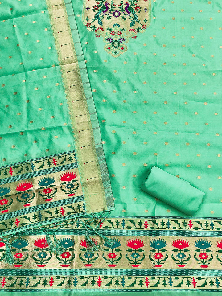 Sea-Green Pure Soft Banarasi Silk Woven Design Unstitched Dress Material