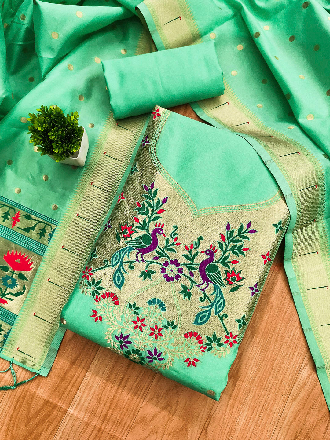 Sea-Green Pure Soft Banarasi Silk Woven Design Unstitched Dress Material