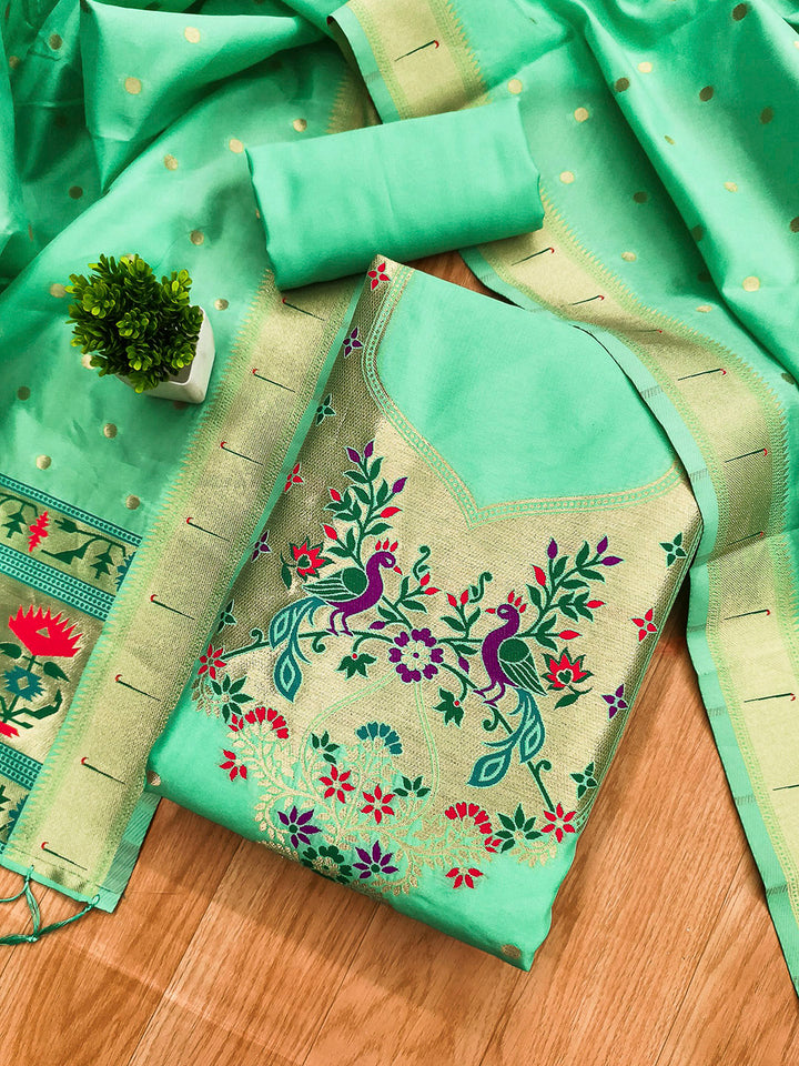 Sea-Green Pure Soft Banarasi Silk Woven Design Unstitched Dress Material