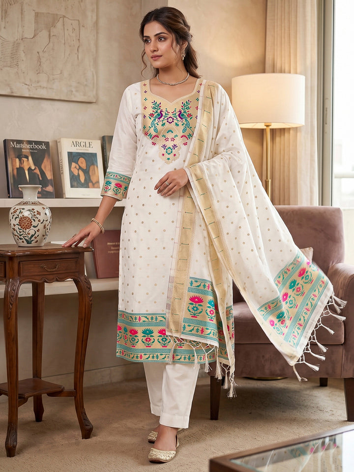 White Pure Soft Banarasi Silk Woven Design Unstitched Dress Material