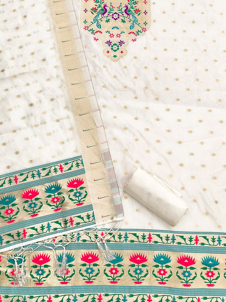 White Pure Soft Banarasi Silk Woven Design Unstitched Dress Material