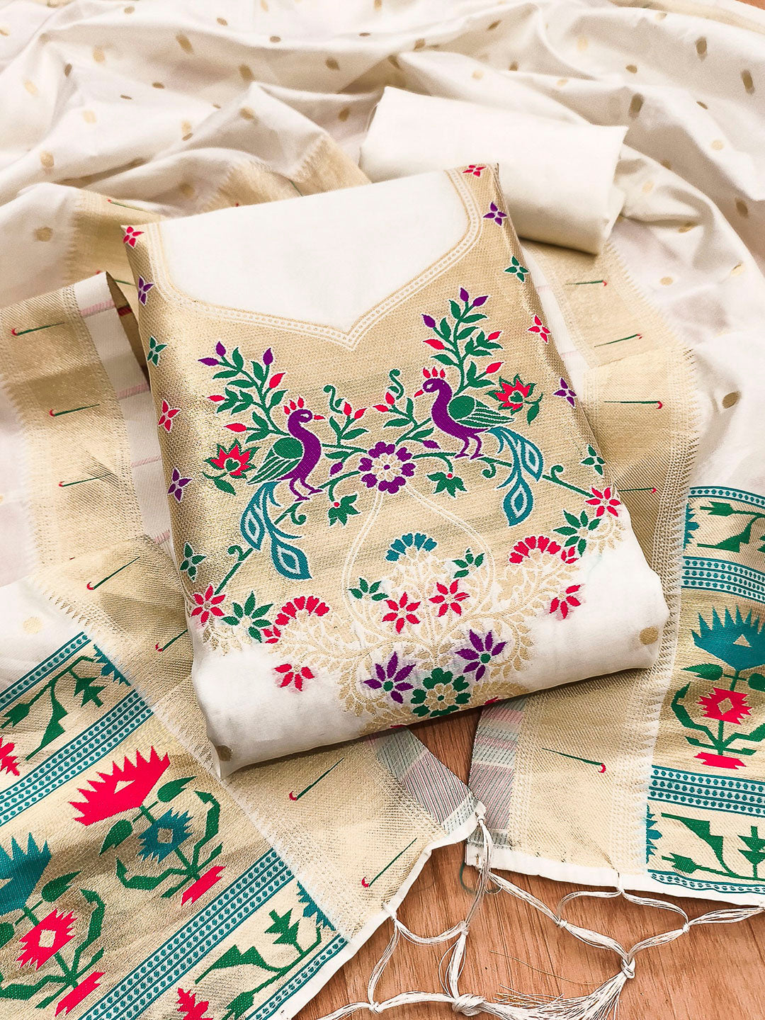 White Pure Soft Banarasi Silk Woven Design Unstitched Dress Material