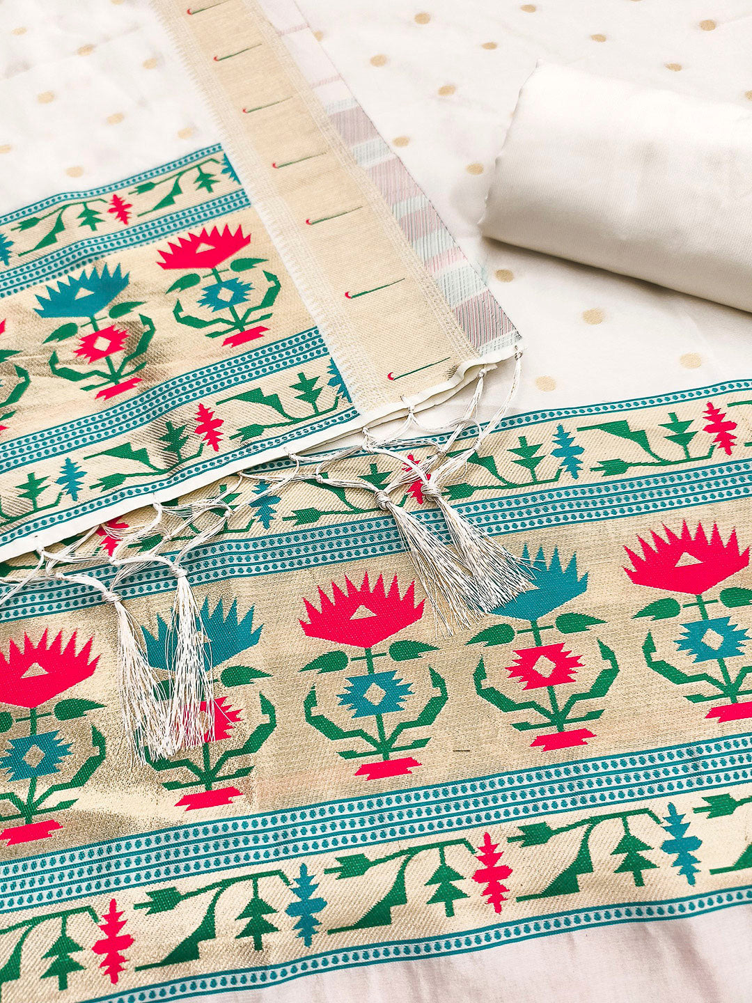 White Pure Soft Banarasi Silk Woven Design Unstitched Dress Material